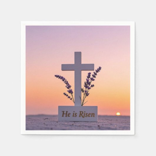 Minimalistisches weißes Kreuz mit Lavendel Serviette (Vorderseite)