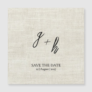 Minimalistisches weißes Leinen Vintage Save Date I Magnetkarte