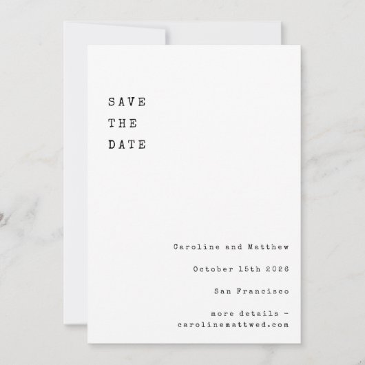 Minimalistisches weißes Retro-Schreibgerät Vertika Save The Date (Vorderseite)