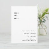 Minimalistisches weißes Retro-Schreibgerät Vertika Save The Date (Stehend Vorderseite)