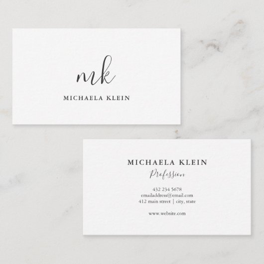 Minimalistisches weißes u. graues Skript-Monogramm Visitenkarte (Vorne/Hinten)