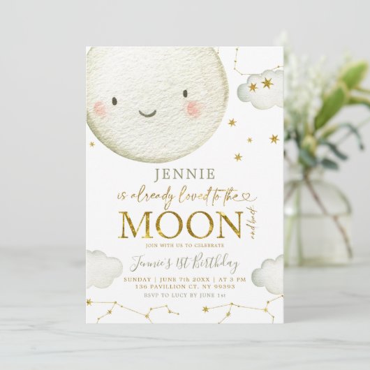 Minimalistisches White and Gold Moon Girl Geburtst Einladung (Stehend Vorderseite)