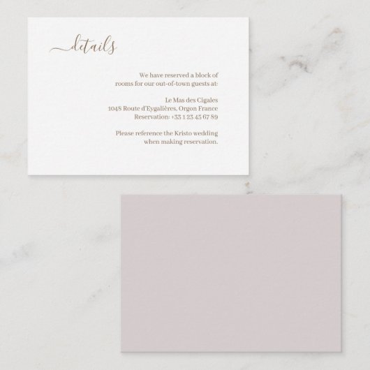 Minimalistisches White Blush Gold Wedding Hotel -  Begleitkarte (Vorne/Hinten)