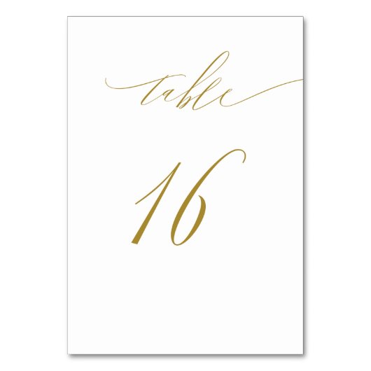 Minimalistisches White Gold Elegant Script 16 Wedd Tischnummer (Vorderseite)