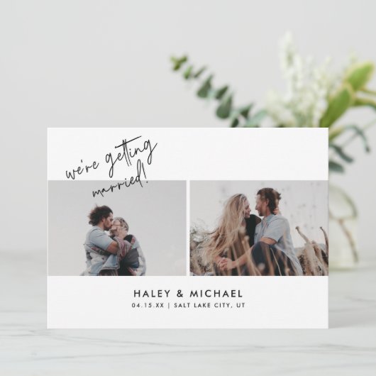 Minimalistisches White Script 2 Foto Hochzeit Save The Date (Stehend Vorderseite)