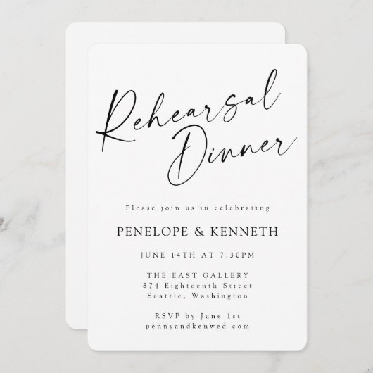 Minimalistisches White Script Serial Probe Dinner Einladung (Vorne/Hinten)