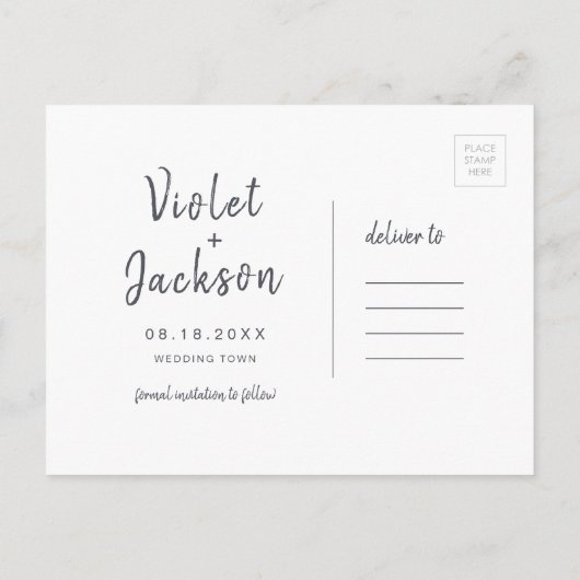 Minimalskript für Holzkohle Save the Date Ankündigungspostkarte (Rückseite)