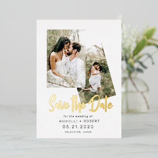 Minimalskript zwei Foto Save the Date Folieneinladung (Stehend vorne)