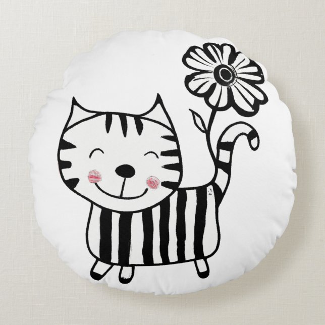Minimum Cute Cat with Flower on Tail Decorative Rundes Kissen (Vorderseite)
