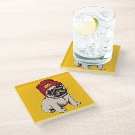 Miniwelpen-Hipster-Mops Glasuntersetzer (Schrägansicht)