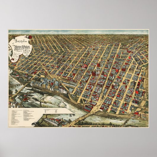 Minneapolis birdseye Karte - 1891 (Smith) BigMapBl Poster (Vorne)