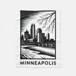 Minneapolis Skyline Black and White Woodcut Winter Fleecedecke