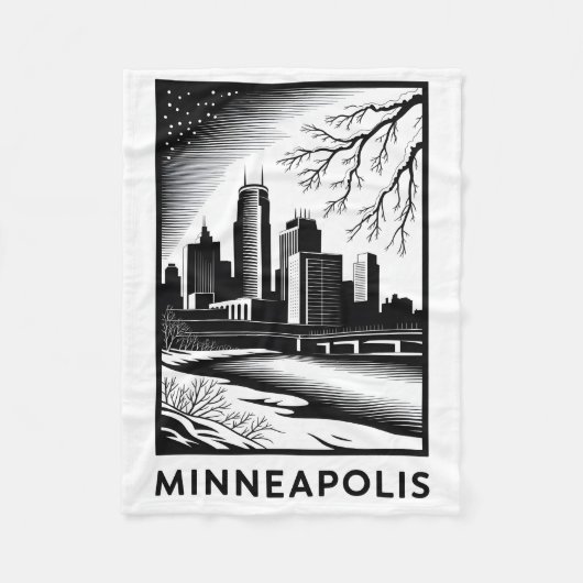 Minneapolis Skyline Black and White Woodcut Winter Fleecedecke (Vorderseite)