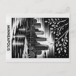Minneapolis Skyline Black and White Woodcut Winter Postkarte