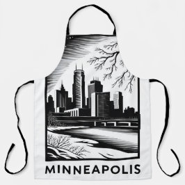 Minneapolis Skyline Black and White Woodcut Winter Schürze