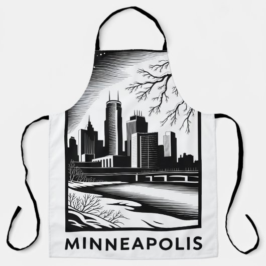 Minneapolis Skyline Black and White Woodcut Winter Schürze (Vorderseite)