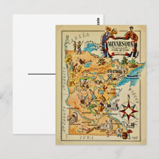Minnesota Illustriert Map Postkarte (Vorne/Hinten)
