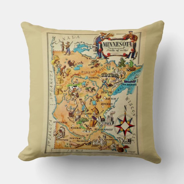 Minnesota Illustriert Map Throw Kissen (Vorderseite)