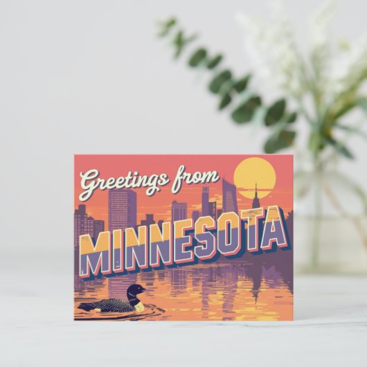 Minnesota Loon and City Skyline Postkarte (Stehend Vorderseite)
