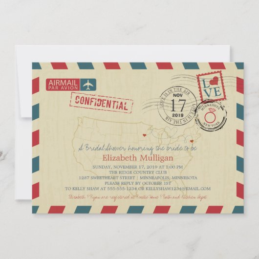 Minnesota und New York Airmail | Brautparty Einladung (Vorderseite)