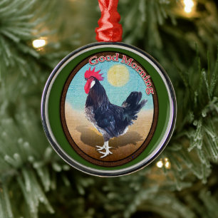 Minorca-Hahn Guten Morgen Vintage-Oval Ornament Aus Metall