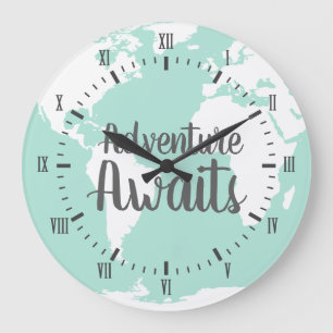 Mint Adventure Awaits World Map & Gray Numerals Große Wanduhr