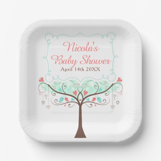 Mint and Coral Floral Bird Baby Shower Pappteller (Vorderseite)