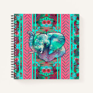 Mint and Coral Floral Tribal Boho Elephant Notizblock