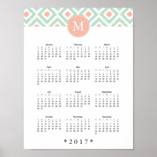 Mint and Coral Ikat Muster 2017 Kalender Poster (Vorne)