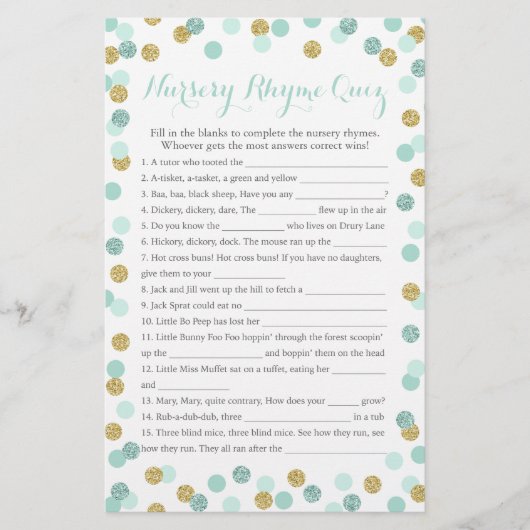 Mint and Gold Baby Dusche Kinderzimmer Rhyme Quiz (Vorderseite)