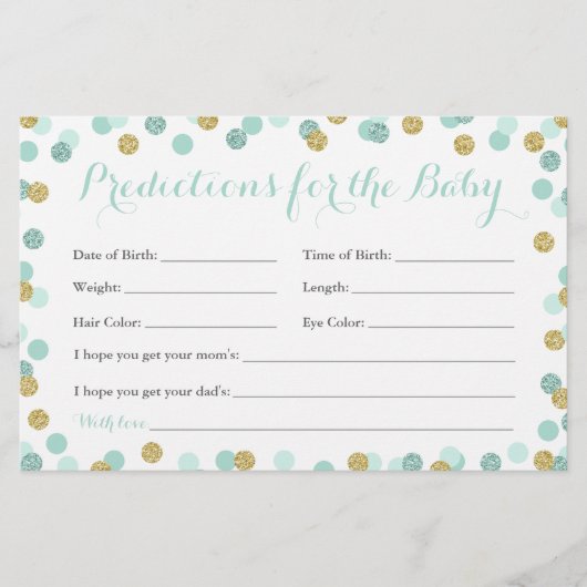 Mint and Gold Baby Predictions Cards für Baby (Vorderseite)