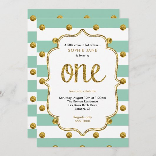 Mint and Gold Erstgeburtstag Glitzer Einladung (Vorne/Hinten)