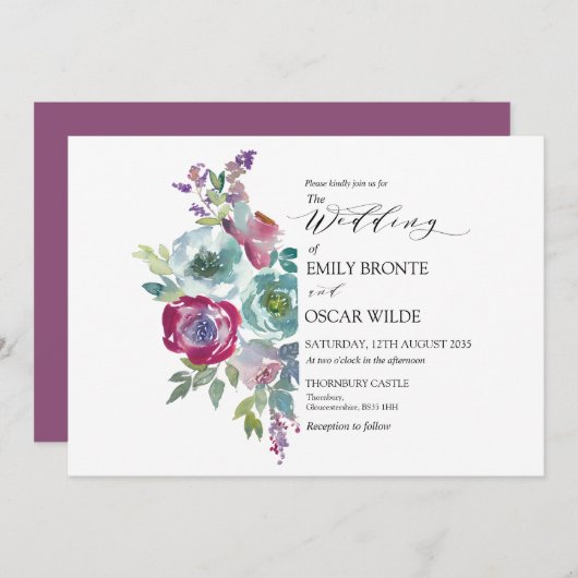 Mint and Mauve Watercolor Floral Wedding Invitati Einladung (Vorne/Hinten)