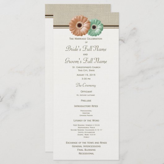 Mint and Peach Gerbera Daisy Wedding Program Programm (Vorne/Hinten)