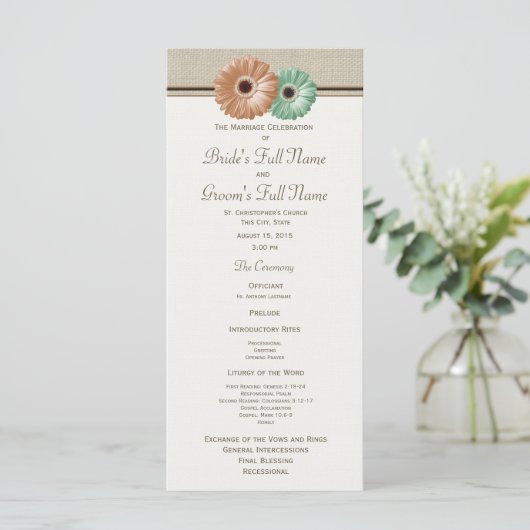 Mint and Peach Gerbera Daisy Wedding Program Programm (Stehend Vorderseite)