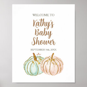 Mint and Peach Pumpkin Gender Reveal Welcome Sign Poster