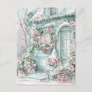 Mint and Pink Christmas House Postcard Postkarte