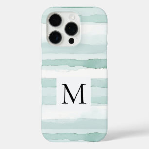 Mint Aqua Blau Weiße Streifen Monogramm iPhone 16 Pro Hülle