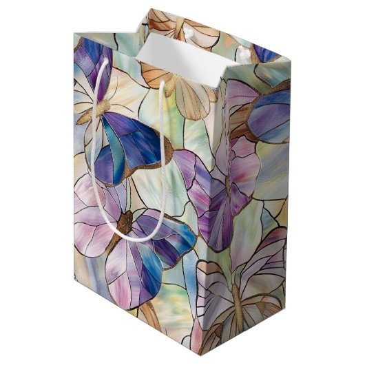 Mint Aqua Blue Lila Schmetterlinge Mittlere Geschenktüte (Rückseite Schrägansicht)