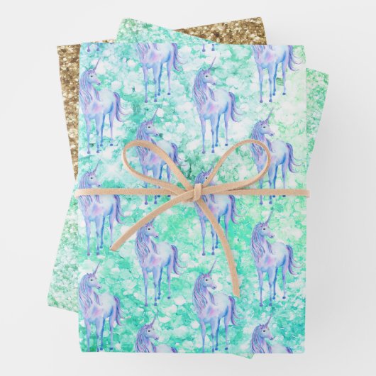 Mint Aqua Confetti Glitzer Unicorn Geschenkpapier Set (Beispiel)
