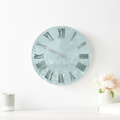 Mint Aqua Glitter Gray Metallic Roman Numers Große Wanduhr (Zuhause)