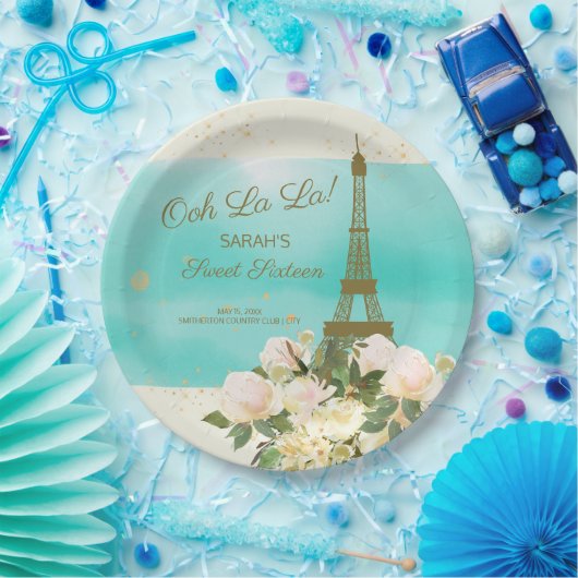 Mint Aqua Gold Eiffel Tower Paris Sweet 16 Pappteller (Party)