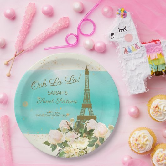 Mint Aqua Gold Eiffel Tower Paris Sweet 16 Pappteller (Party)