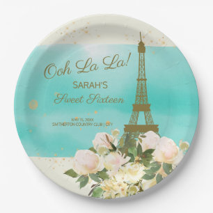 Mint Aqua Gold Eiffelturm Paris Sweet 16 Pappteller