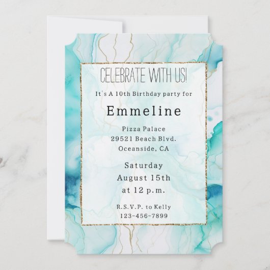 Mint Aqua Gold Meerjungfrau Tintenkarton Einladung (Vorderseite)