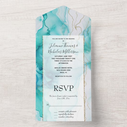 Mint Aqua Gold Tinte Marmor All In One Einladung (Innen Boden)