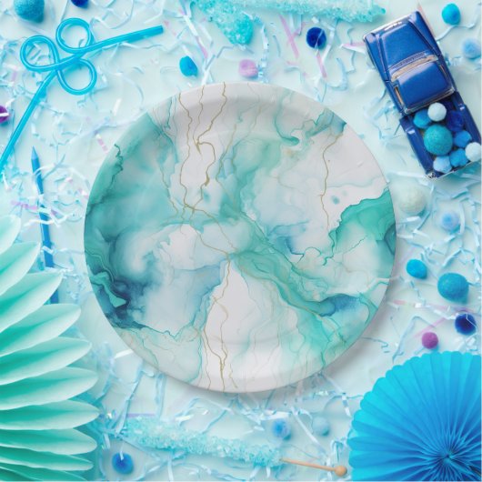 Mint Aqua Gold Tinte Marmor Pappteller (Party)
