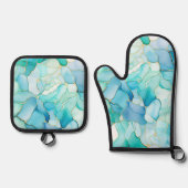 Mint Aqua Pearl Gold Marmor Ofenhandschuh & Topflappen-Set (Vorderseite)