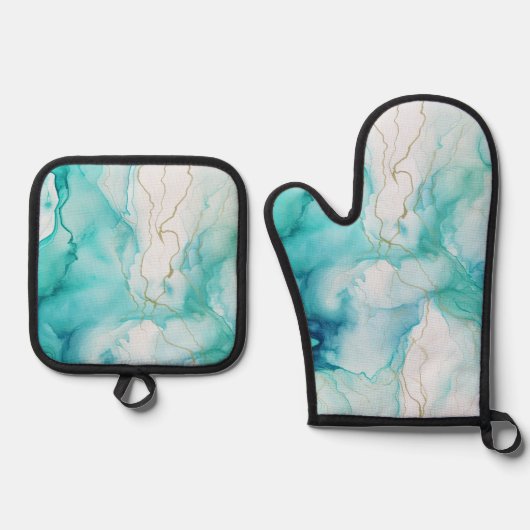Mint Aqua Tinte Marmor Ofenhandschuh & Topflappen-Set (Vorderseite)