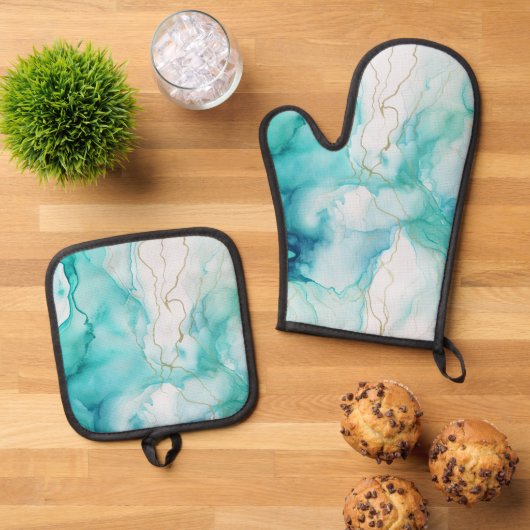 Mint Aqua Tinte Marmor Ofenhandschuh & Topflappen-Set (Oben Unten)